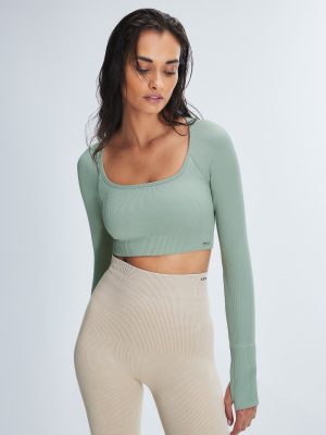 Seamless Rib Sport Long-Sleeve Cropped Bra Top